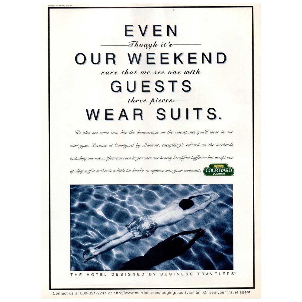 1996 Marriott Courtyard Hotel Vintage Print Ad Business Travel Pool 90s Wall Art
